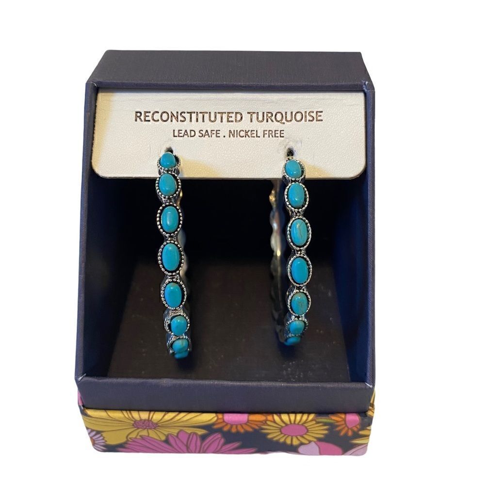 Pink Linen Very Cool Large Reconstituted Turquoise & Silver Toned Hoops.